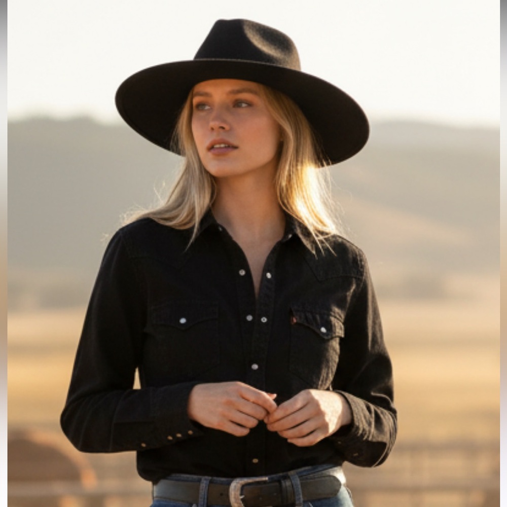 Black Wide-Brim Hat with leather braided band . New